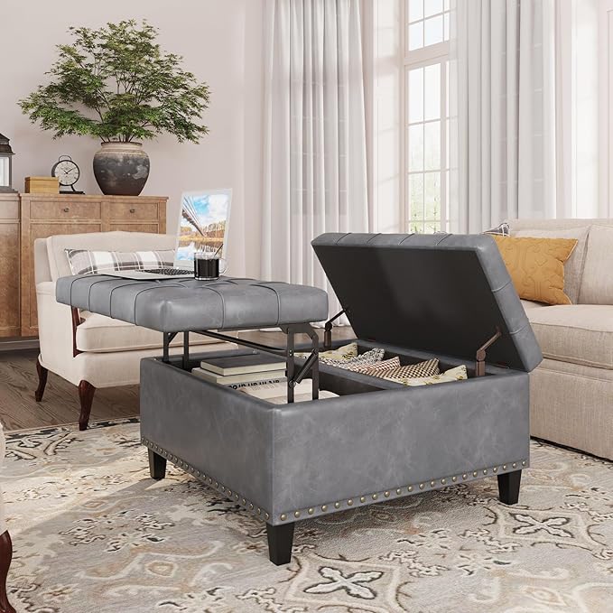 Square Leather Ottoman with Storage, Faux Leather Coffee Table with Lift Top,Large Upholstered Footrest Stool Toy Box Storage Bench for Bedroom Living Room, Grey