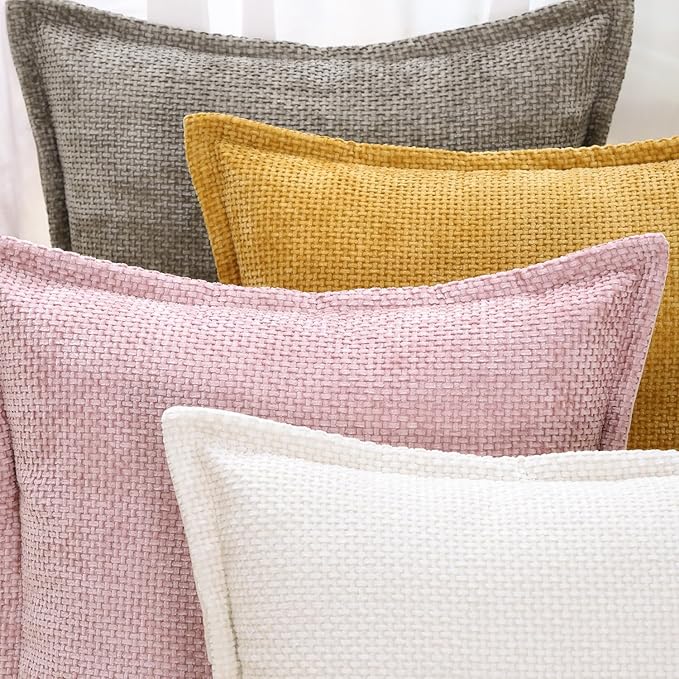 MADIZZ Chenille Velvet Throw Pillow Covers with Flange Set of 2 Super Soft Boho Textured Pillow Covers Decorative Throw Pillowcases Modern Farmhouse Home Decor for Sofa Bedroom Taupe 12x20 Inch