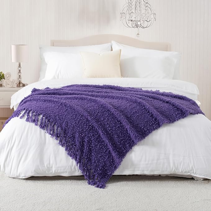 Winter Knit Throw Blanket Fluffy Fuzzy Soft Lightweight Cozy Farmhouse Tassels Chunky Knitted Throws for Couch Sofa Bed (Purple, 60"x80")