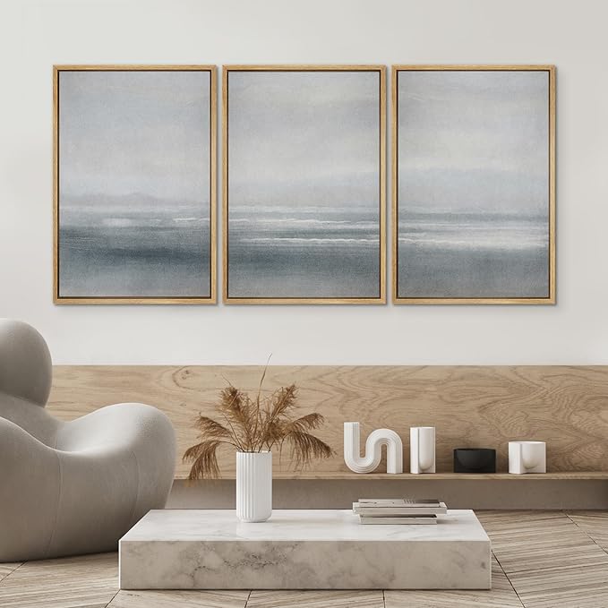 SIGNWIN Framed Canvas Print Wall Art Set Serenity Seascape Soft Blue Ocean Views Modern Art Decorative Rustic Calm/Zen for Living Room, Bedroom, Office - 24"x36"x3 Natural