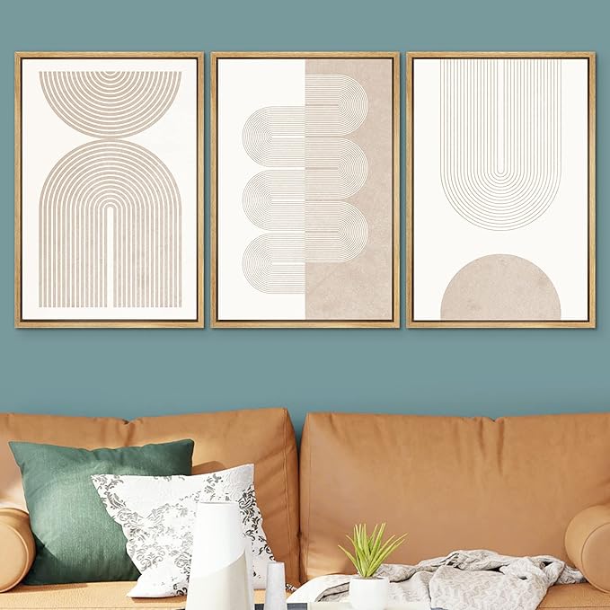SIGNWIN Framed Canvas Print Wall Art Set Geometric Duotone Tan Spiral Waves Shapes Abstract Illustrations Modern Art Decorative Nordic Calm/Zen for Living Room, Bedroom, Office - 16"x24"x3 Natural