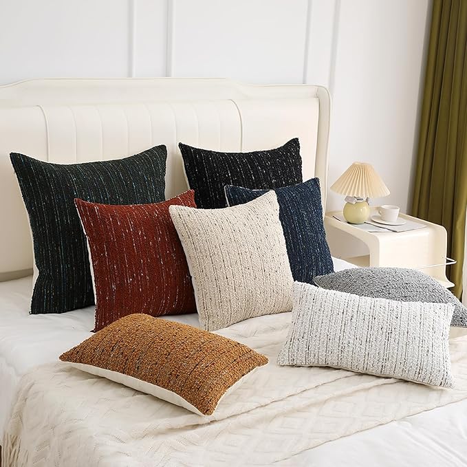 Textured Boucle Pillow Covers 18x18 Neutral Striped Throw Pillows Soft Modern Farmhouse Pillow Cases, 1pc Decorative Accent Square Couch Cushion Cover for Bed Chair Living Room, White