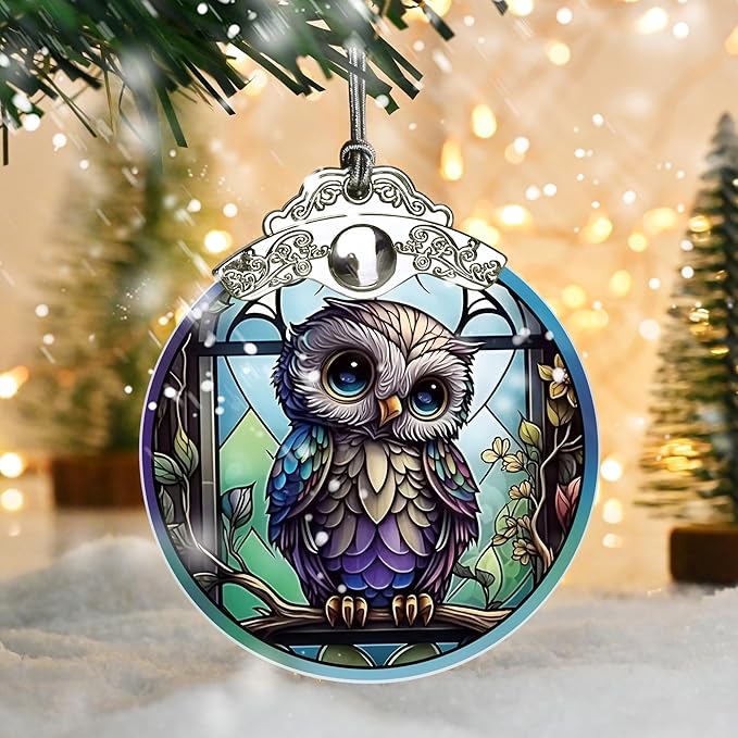 Owl Christmas Ornaments - Stained Glass Holiday Decorations, Tree Ornaments, Xmas Gifts for Owl Lovers
