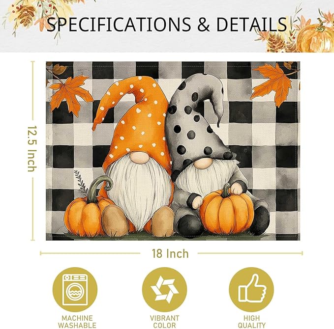 Double Side Set of 4 Gnome Fall Placemats Seasonal Autumn Maple Leaves Buffalo Plaid Table Mats for Indoor Outdoor Home Party Dining Decor Farmhouse Burlap Table Mats 12x18 Inch #WP014