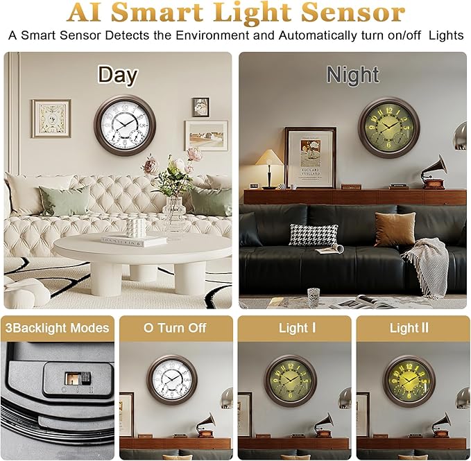 Illuminated Large Metal Outdoor Clocks Waterproof 18 Inches With AI Auto Light Smart Sensor,Extra Big Indoor Outdoor Wall Clocks With Thermometer & Hygrometer for Patio, Pool, Garden,Porch