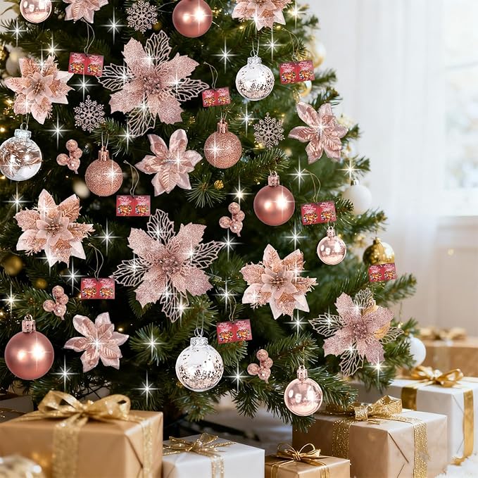 76PCS Christmas Tree Decorations Set, Rose Gold Christmas Ornaments Decoration Artificial Poinsettia Flowers with Star Tree Topper Berries Mesh Ribbons Snowflakes for Holiday Xmas Tree Decor