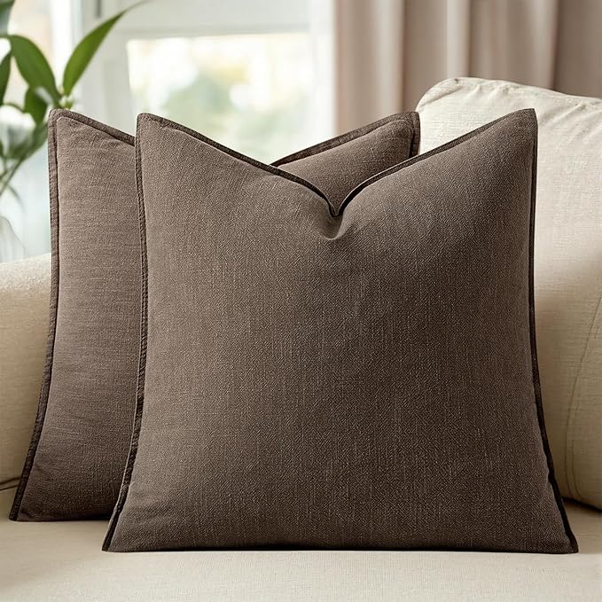 Woaboy 26x26 Inch Set of 2 Decorative Linen Solid Throw Pillow Covers Boho Accent Farmhouse Couch Pillowcases Modern Netural Euro Home Decor for Couch Sofa Living Room Bed,Dark Coffee
