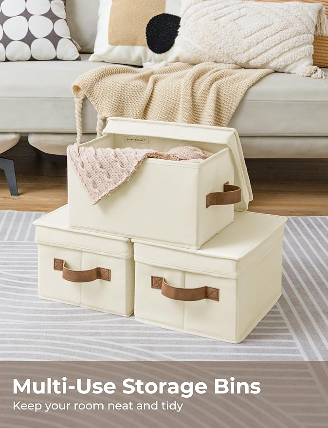 StorageWorks Storage Bins with Lids, Decorative Storage Boxes with Lid and PU Handles, Foldable Storage Baskets for Closet, Shelves, Stackable, Ivory, Medium, 3-Pack