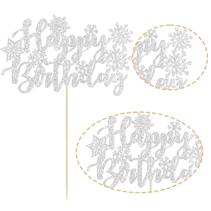 Gyufise 1 Pack Snowflake Happy Birthday Cake Topper Glitter Winter Wonderland Cake Pick Winter Frozen Theme Cake Decorations Birthday Theme Party Christmas Baby Shower Decoration Supplies White