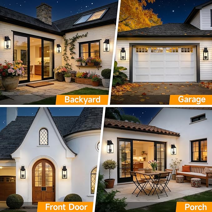 tewei 25'' Dusk to Dawn Outdoor Wall Light, Large Black Outdoor Porch Light Waterproof Patio Lanterns, Exterior Wall Mount Lighting Fixtures, 4-Light Outside Garage Sconces for House Front, 1-Pack