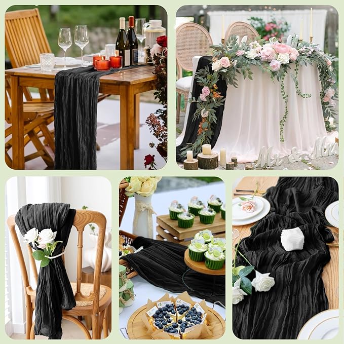 Wokceer Cheesecloth Table Runner 3Pack 10FT Black Christmas Boho Gauze Cheese Cloth Table Runner for Party Easter Rustic Sheer Table Runners for Baby Bridal Shower Wedding Table Decor