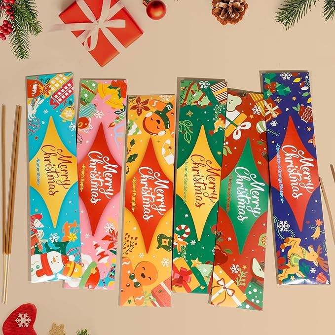 Christmas Incense Sticks, 120 Long-Burning Natural Aromatherapy Sticks with Holder - 6 Holiday Scents for Christmas Decorations