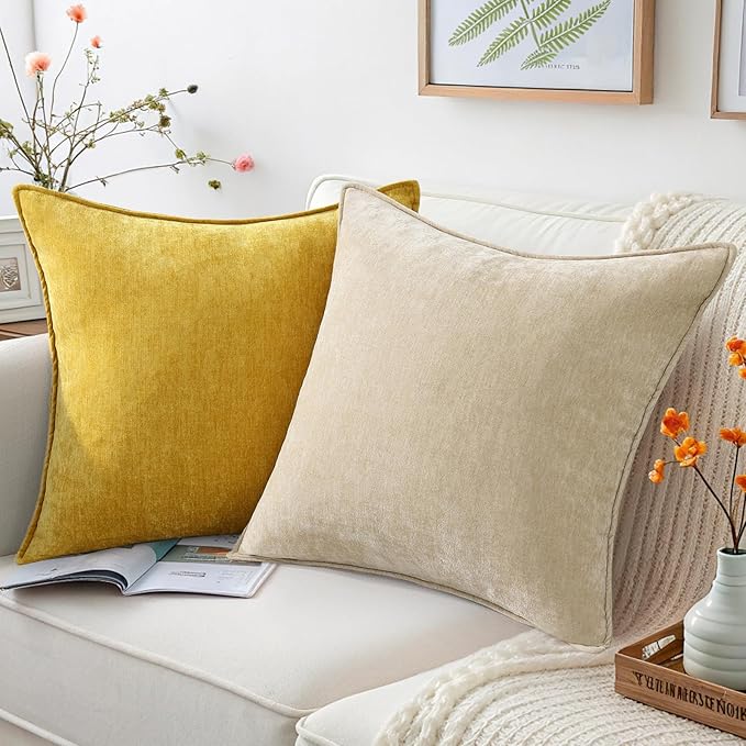 decorUhome Christmas Couch Throw Pillow Covers 16x16 Set of 2, Decorative Soft Euro Velvet Neutral Chenille Pillow Covers with Elegant Design for Sofa Bed Living Room Home Decor, Beige