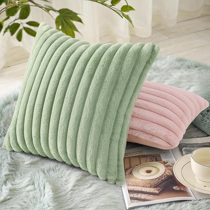 decorUhome Faux Fur Christmas Throw Pillow Covers 24x24 Set of 2, Decorative Soft Plush Striped Neutral Couch Euro Pillow Covers with Velvet Back for Sofa, Bed, Living Room Home Decor, Sage Green