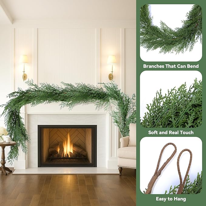 Artificial Cedar Christmas Garland Real Touch Realistic Soft and Thickness Garland Faux Full Greenery Holiday Garland for Mantel Fireplace Front Door Indoor Outdoor Xmas Decor (6FT-Deluxe Cedar)