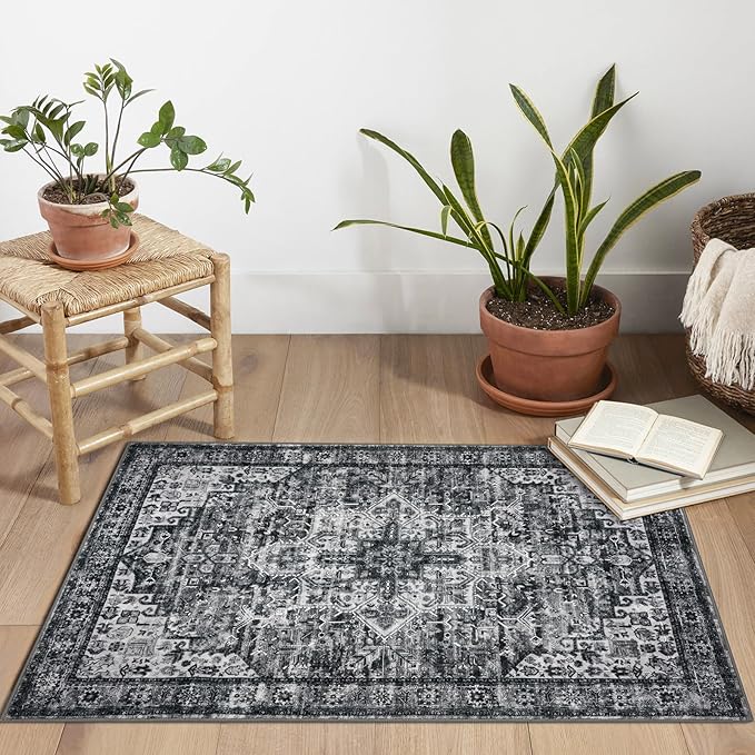 2x3 Washable Rug for Entryway, Moss Charcoal Soft Traditional Printed Area Rug with Non-Slip Kitchen Rugs, Low-Pile Medallion Indoor Door Mat, Small Carpet for Entrance Kitchen Foyer