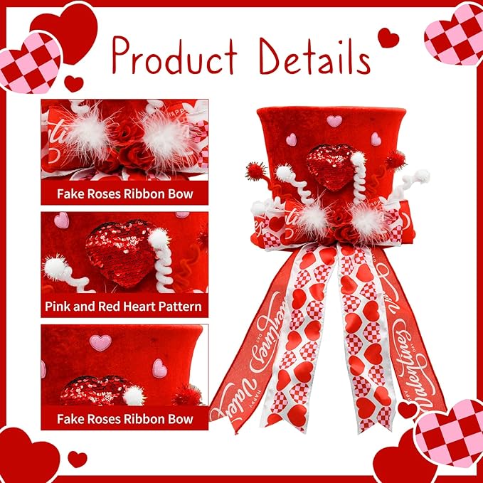 Valentine's Day Tree Topper Hat Decor, Valentines Day Heart Ribbon Bow Hat Decorations for Tree, Galentines Day Decorations Tree Ornaments, Valentine Velvet Heart Bow Hat, Valentines Gifts