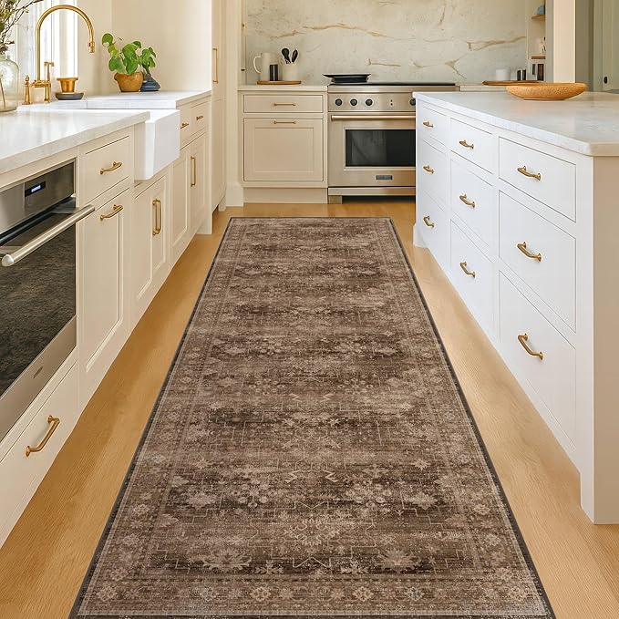 Brown Washable Long Runners for Hallways, 2'6"x8' Wide Kitchen Runner Rug, Entryway Indoor Rug, Non Slip Rubber Backing Boho Vintage Dark Floor Decor