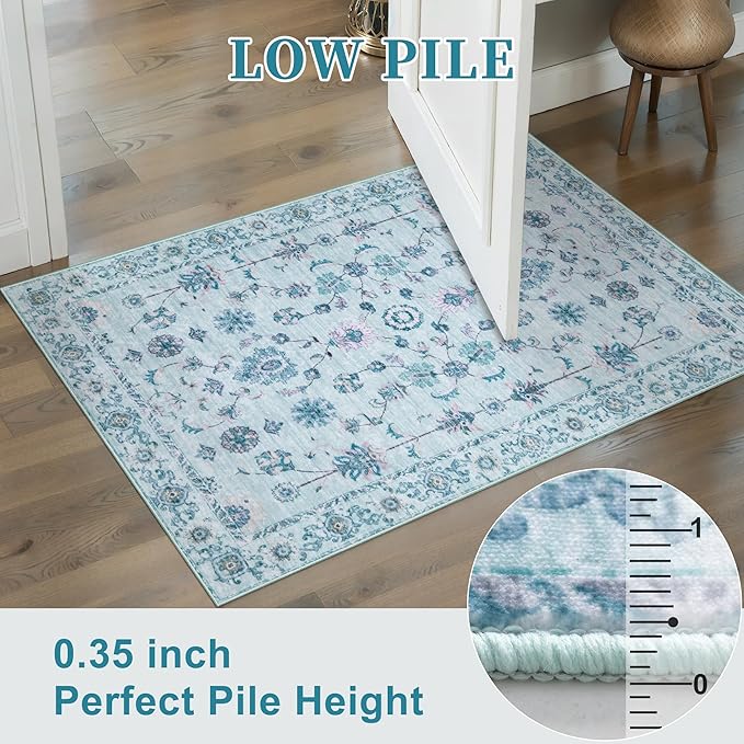 Tangsoo Washable Runner Rug for Hallway Non Slip, 2x6 Boho Floral Vintage Carpet Runner Rugs for Entryway, Floor Soft Low Pile Runners for Kitchen Bathroom Laundry Bedroom Alfombra Blue Farmhouse
