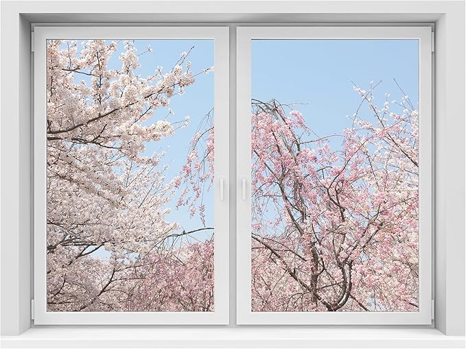 SIGNWIN Removable Wall Sticker/Wall Mural Window Blooming Pink and White Trees Against Clear Blue Sky Photography Realism Decorative Landscape Digital Art for Living Room, Bedroom, Office - 36"x48"