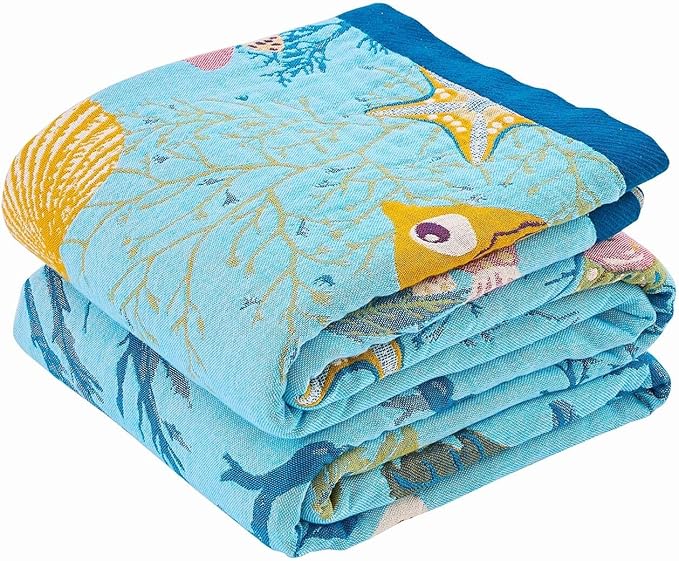Blue Boho Blanket, 90"x98" Soft Farmhouse Decorative Throw Blanket, 100% Cotton Reversible Vintage Muslin Quilt Bohemian Decor Woven Blanket All Season Blankets for Sofa Couch Chair