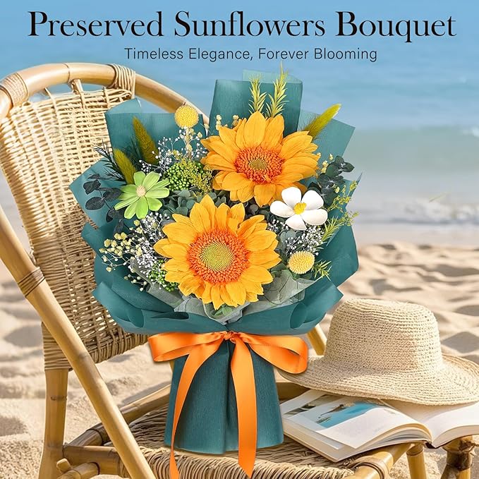Preserved Sunflower Bouquet - Forever Flowers for Delivery, Green Flower That Last 3 Years, Eternal flowers Bouquet for Her Mother Mom Wife Friends Birthday Sunflower Gifts for Women