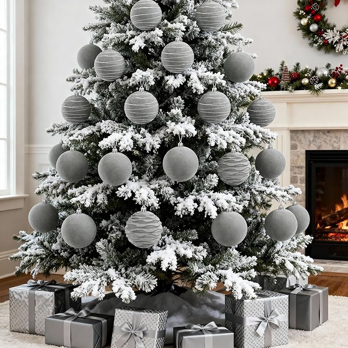 Artmag 6Pcs Velvet Christmas Ornaments Balls Sets for Christmas, Plastic Shatterproof Xmas Tree Flocked 3.94 inch Ornaments Balls for Winter Holiday Decor (Grey)