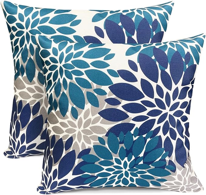 Decorative Throw Pillow Covers Set of 2 Blue Pillow Covers 20x20 Inch Couch Pillow Covers for Sofa Living Room Outdoor Throw Pillow Cover Linen Square Floral Flower Farmhouse Pillowcase