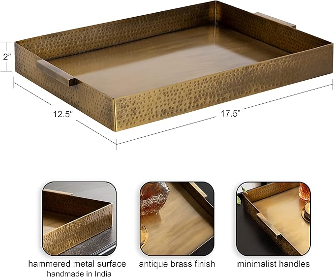 Kate and Laurel Samana Modern Glam Rectangle Metal Tray; 18 x 13 x 2; Brass; Rectangular Polished Stainless Steel Decorative Tray with Hammered Surface and Minimalist Handles
