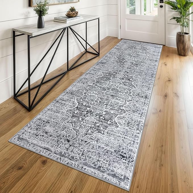 KUTA Vintage Washable Runner Rug, 2.6x8 Runners for Hallways Non-Slip Vintage Grey Blue White Floral Kitchen Rugs Soft Printed Tribal Floor Carpet for Bedroom Living Room Nursery