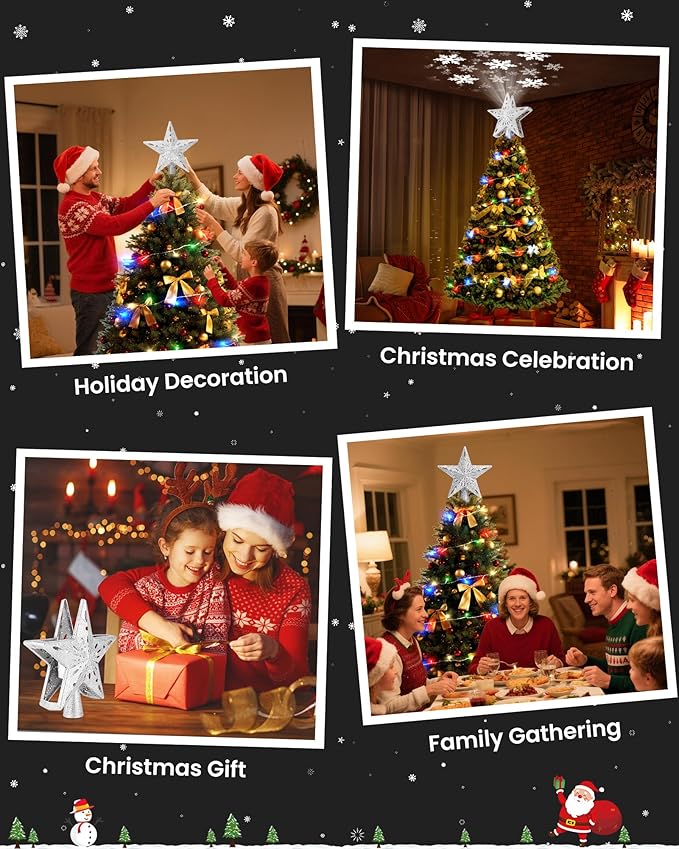 Christmas Tree Topper Star Lighted with 32.8ft Breathing Flickering Light Cord & 6 LED Projection Modes, Silver Christmas Star Topper for Indoor Xmas Holiday Tree Decoration
