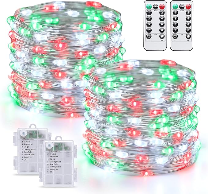 JMEXSUSS 2 Pack Christmas Fairy Lights Battery Operated with Remote, Total 200 LED 66ft Battery Powered Twinkle String Lights for Bedroom Tree Mantel Wall Ceiling Christmas Decor, Red White and Green