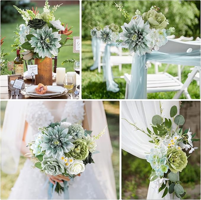 AmyHomie Forest Sage Green White Artificial Flowers Combo Silk Rose Fake Flowers w/Stem for DIY Wedding Bouquets Centerpieces Arrangements Table Decor Party Bridal Baby Shower Christmas Decorations