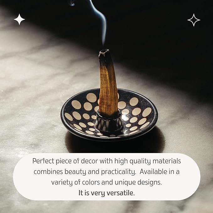 Luna Sundara Authentic Peru Pottery Palo Santo Stick Holder and Incense Holder with 5 Palo Santo Sticks Handmade Ceramic Smudge Bowl Sage Holder Black and White Polka Gift Set