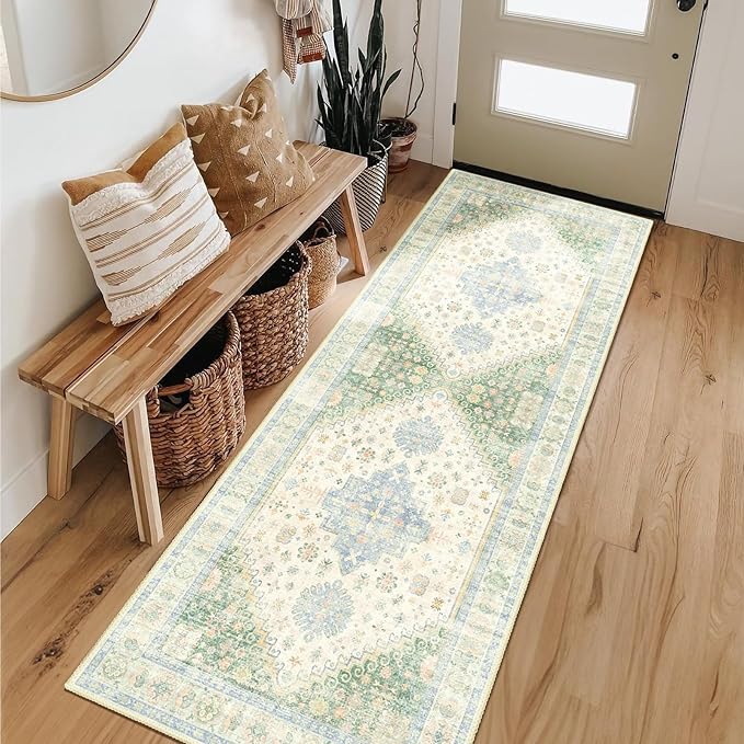 MUJOO Washable Runner Rug,2x6 Runners for Kitchen Bathroom Hallway Bedroom Entryway Laundry,Non Slip Long Mat Indoor,Boho Throw Carpet Low Pile Light Green and Blue