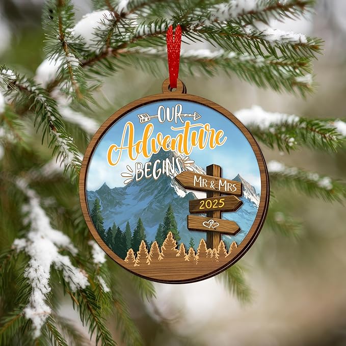 Christmas Wedding Gifts for Couples 2025 - Adventure Start Two Layer Wooden Christmas Ornaments for Tree Decorations - Bridal Shower Marriage Newly Wed Engagement Gifts for Couples Decorations