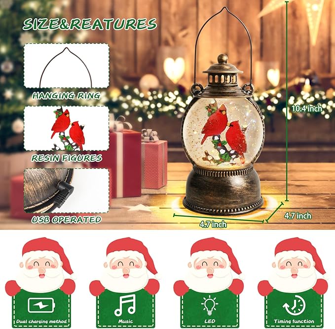 Christmas Cardinal Snow Globe 10.4In High, Cardinal Musical Snow Lantern Globe Lights with 6 Hour Timer and Batteries Powered,Retro Style Holiday Glitter Globe for Xmas Home Decoration and Santa Gifts
