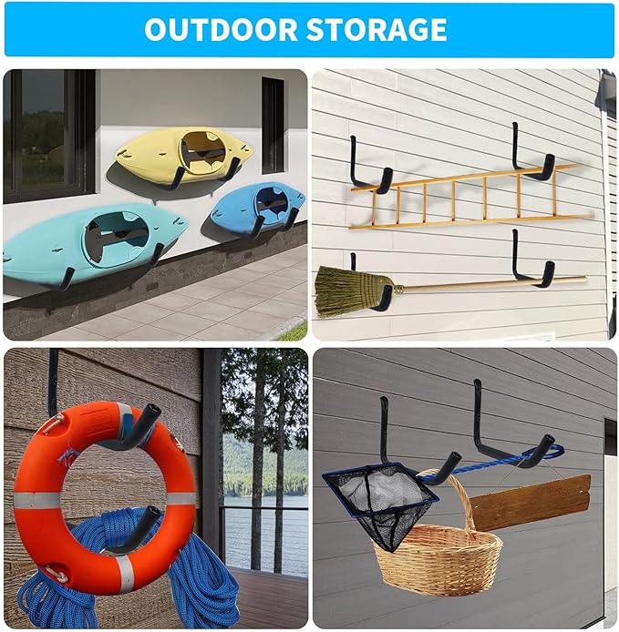 4 Pack Kayak Wall Mount Rack, Heavy Duty 120 LBS Garage Storage Hooks, 15 Inch Wide Utility Hangers for Canoe, SUP, Surfboard, Ladders, Lumber & Tools (Black)