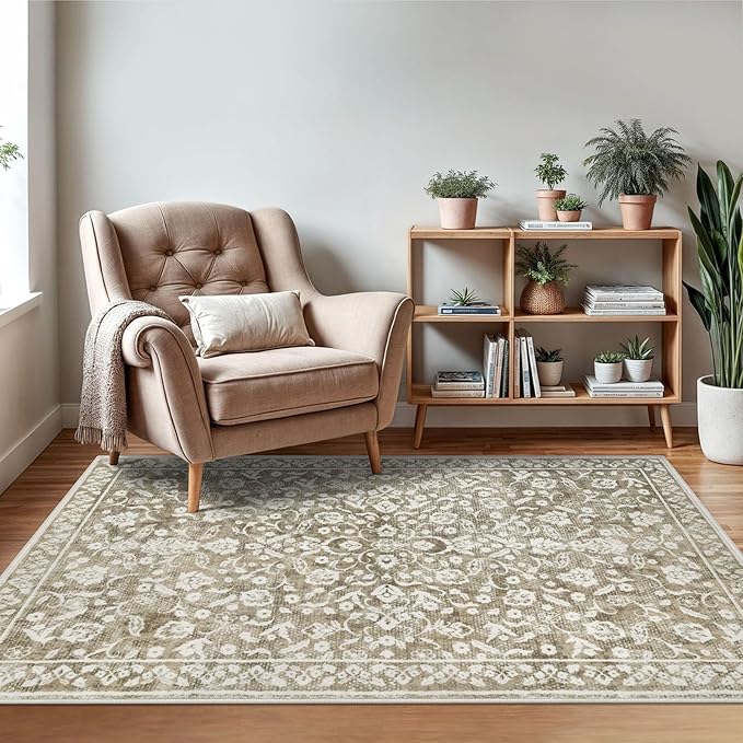 Vintage 3x5 Washable Rug for Entryway, Super Soft Beige Taupe Entryway Rug Non-Slip, Printed Faux Wool Floral Neutral 3x5 Area Rug Thin Floor Carpet for Kitchen, Bedroom, Office, Living Room