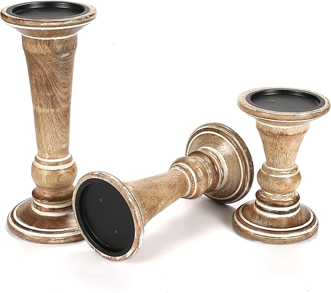 Hand Crafted Decorative Wooden Pillar Candle Holder Stand Siren Shape, Rounded Turned Colums, Country Style Ideal for Gift, Wedding, Christmas, Party, Home, Spa - 10,8,6 Inch Set of 3 - White Wash