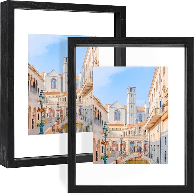 8x10 Floating Picture Frame Set of 2, Double Glass Photo Frame Wooden Frame for Wall Mount or Tabletop Displays for 4x6, 5x7, 6x8 inch Pictures, Plane Edge Frames, Black