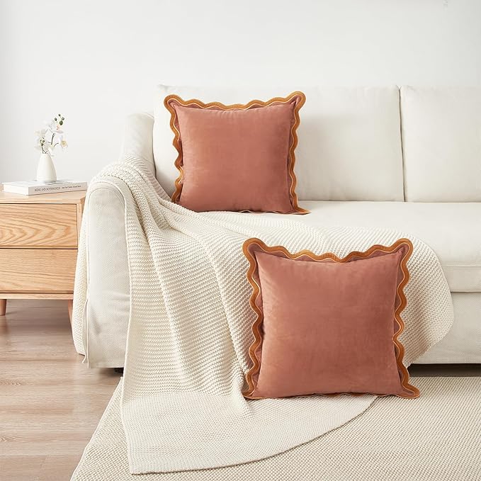 MONDAY MOOSE Decorative Throw Pillow Covers Cushion Cases, Set of 2 Soft Velvet Scalloped Wavy Edge Designs, Mix and Match for Home Decor, Pillow Inserts Not Included (18x18 inch, Pink/Honey)