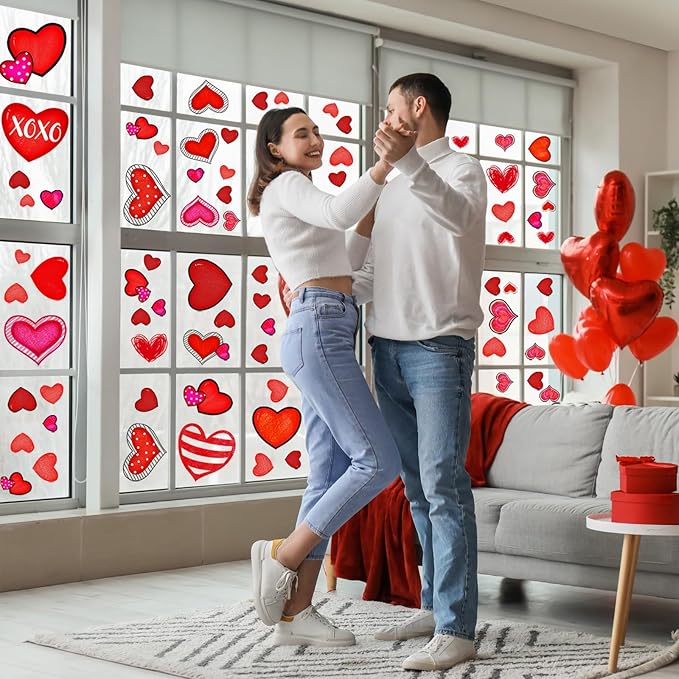 Eersida 214 Pcs Valentine‘s Day Wall Decals Removable Love Heart Wall Stickers Red Heart Window Stickers Wedding Anniversary Romantic Love Decoration for Holiday Kitchen Living Room Home Decor