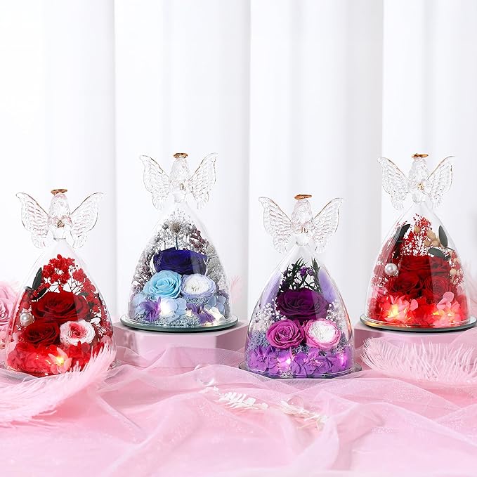 Christmas Rose Gifts for Women Preserved Real Flower in Glass Angel Figurines Roses for Delivery Prime Birthday Gifts for Mom Grandma Girlfriend Wife Her,Blue Austin Roses