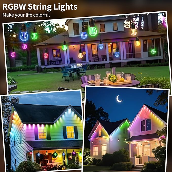 26FT Outdoor String Lights, Outdoor Lights for Patio,with 12+2 LED RGBW Color Change,3000K Bright White Waterproof Bulbs, Dimmer & Remote, Customized 12 Colors & 4 Modes, for Backyard Decor