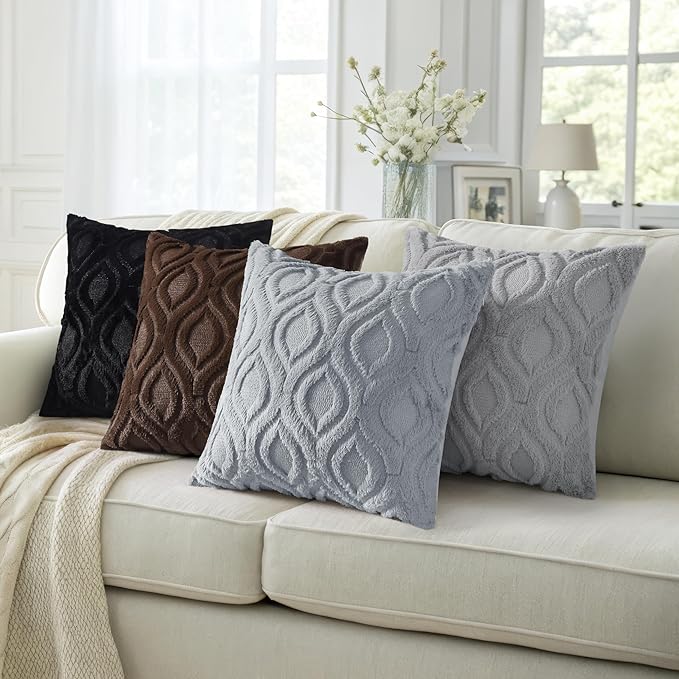 decorUhome Throw Pillow Covers 24x24 Inch Set of 2, Soft Plush Faux Wool Blue Grey Solid Couch Pillow Covers, Accent Farmhouse Neutral Square Pillow Cases for Sofa Bed Living Room