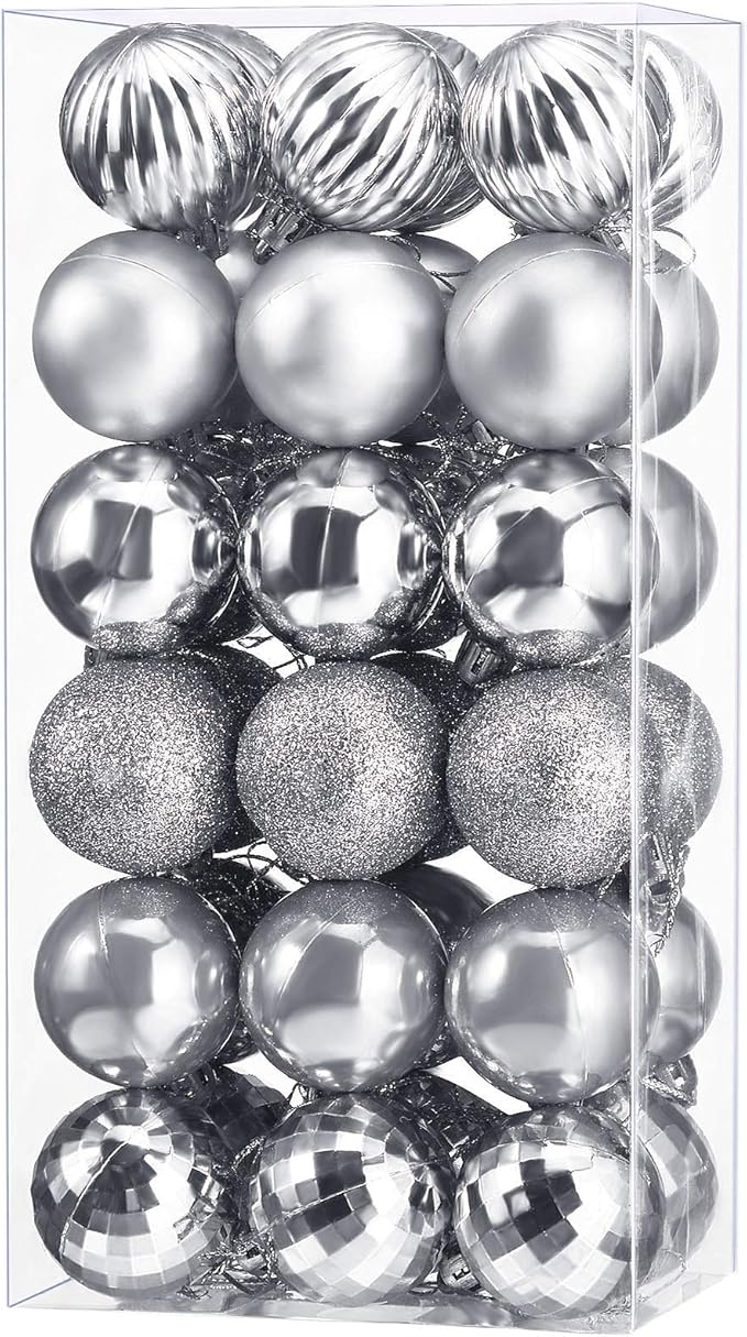 36 Pieces Christmas Ball Ornaments Shatterproof Christmas Decorations Tree Balls for Tree Ornaments Holiday Wedding Party Decoration Hooks 1.57 Inch (Sliver)