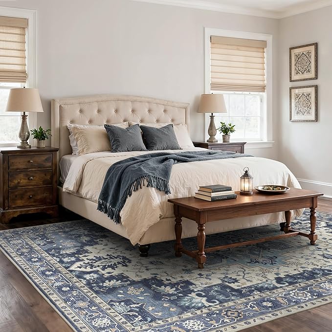8x10 Area Rugs for Living Room, Machine Washable Non Slip Vintage Rugs, Low Pile Lightweight Print Rug for Bedroom, Dining Room, Home Office,Center Blue