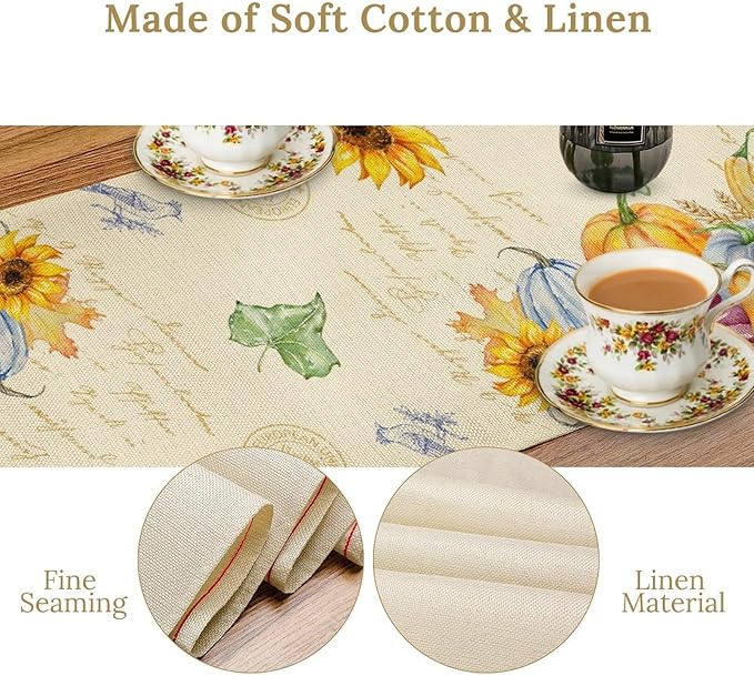 Fall Table Runner Watercolor Pumpkins Sunflowers Maple Leaves Baroque Floral Birds Country Thanksgiving Home Decor for Farmhouse Indoor Outdoor Party Holiday Dining Kitchen Restaurant Cafe W13xL60in