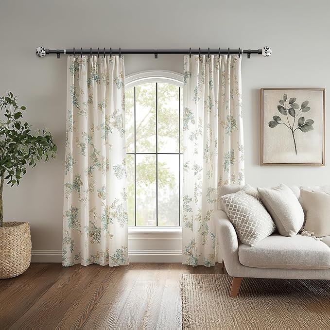 Ceramic Black Curtain Rods for Windows 28 to 48 Inches Adjustable Length Heavy Duty 1" Diameter Window Curtain Rod with Modern Leaf Pattern Decorative Finials for Bedroom Kitchen Living Room